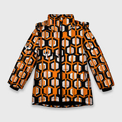 Куртка зимняя для девочки Техно узор из шестиугольников оранжевый, цвет: 3D-черный