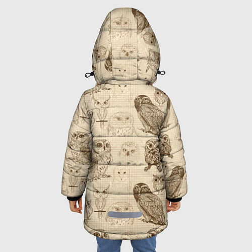 Зимняя куртка для девочки Эскизы сов тетрадный лист в клетку / 3D-Светло-серый – фото 4