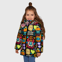 Куртка зимняя для девочки Feel good every day motivation monsters pattern, цвет: 3D-черный — фото 2