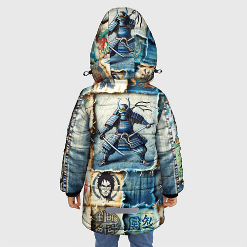 Зимняя куртка для девочки Самураи на пэчворк дениме / 3D-Светло-серый – фото 4