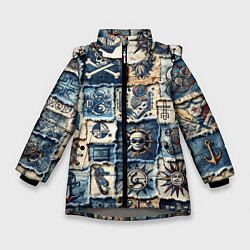 Куртка зимняя для девочки Пираты на пэчворк дениме, цвет: 3D-светло-серый
