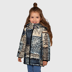 Куртка зимняя для девочки Геометрия на пэчворк дениме, цвет: 3D-светло-серый — фото 2