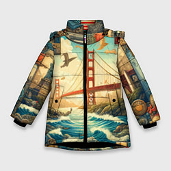 Куртка зимняя для девочки Мост через реку и пэчворк - нейросеть арт USA brid, цвет: 3D-черный