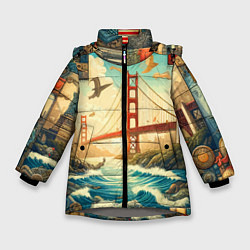 Куртка зимняя для девочки Мост через реку и пэчворк - нейросеть арт USA brid, цвет: 3D-светло-серый