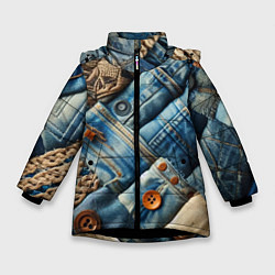 Куртка зимняя для девочки Джинсовый пэчворк с пуговицами - мода, цвет: 3D-черный
