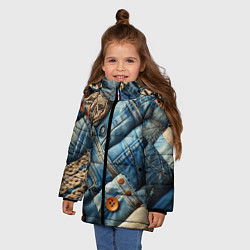 Куртка зимняя для девочки Джинсовый пэчворк с пуговицами - мода, цвет: 3D-светло-серый — фото 2