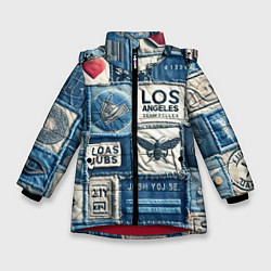 Куртка зимняя для девочки Лос Анджелес на джинсах-пэчворк, цвет: 3D-красный