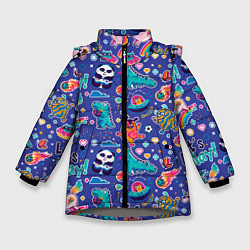 Куртка зимняя для девочки Lets play паттерн динозавров, цвет: 3D-светло-серый