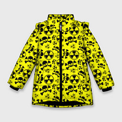 Куртка зимняя для девочки Опасные знаки со скелетами паттерн, цвет: 3D-черный