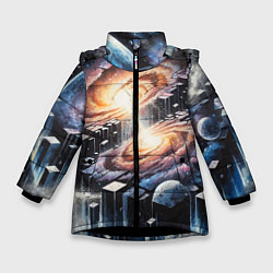 Куртка зимняя для девочки Слияние двух галактик - неоновое свечение, цвет: 3D-черный