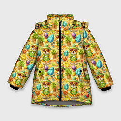 Куртка зимняя для девочки Щенята и летний вайб паттерн, цвет: 3D-светло-серый