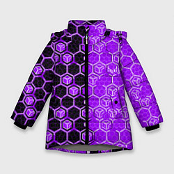 Куртка зимняя для девочки Техно-киберпанк шестиугольники фиолетовый и чёрный, цвет: 3D-светло-серый