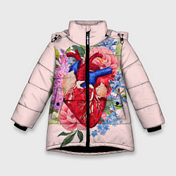 Куртка зимняя для девочки Цветочное сердце, цвет: 3D-черный