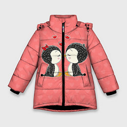 Куртка зимняя для девочки Влюбленные пингвины, цвет: 3D-черный