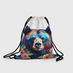 Рюкзак-мешок Портрет медведя гризли с цветами акварелью, цвет: 3D-принт