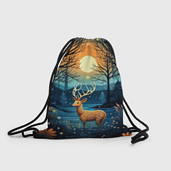 Рюкзак-мешок Олень в ночном лесу фолк-арт, цвет: 3D-принт