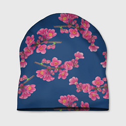 Шапка Веточки айвы с розовыми цветами на синем фоне