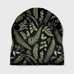 Шапка Зелёные листья папоротника на черном фоне, цвет: 3D-принт
