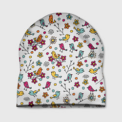 Шапка Птицы и цветы Разноцветный узор в дудл стиле