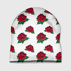 Шапка Цветы Красные Розы На Белом Фоне, цвет: 3D-принт