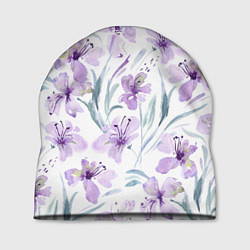 Шапка Цветы Фиолетовые Нарисованные Акварелью