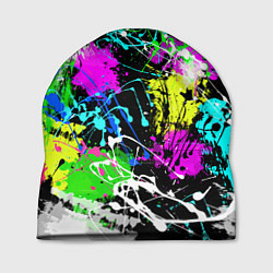 Шапка Разноцветные пятна краски на черном фоне, цвет: 3D-принт