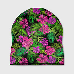 Шапка Тропические листья и цветы на черном фоне, цвет: 3D-принт