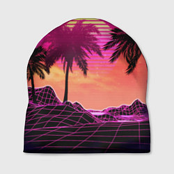 Шапка Пальмы и пляж в розовом закате ретро дизайн, цвет: 3D-принт