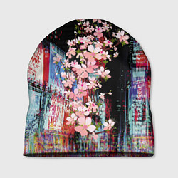 Шапка Ветка сакуры на фоне ночного Токио - glitch, цвет: 3D-принт