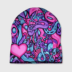 Шапка Узор розово-фиолетовый черепа и сердца