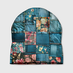 Шапка Джинсовые лоскуты с цветочками, цвет: 3D-принт