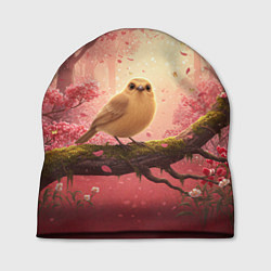 Шапка Желтая птица в розовом цветущем лесу, цвет: 3D-принт