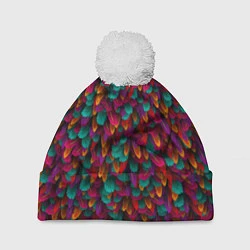 Шапка с помпоном Разноцветные перья, цвет: 3D-белый