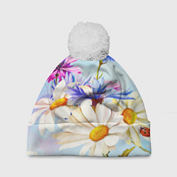 Шапка с помпоном Flowers, цвет: 3D-белый