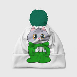 Шапка с помпоном Котёнок в пледе, цвет: 3D-зеленый