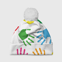 Шапка с помпоном Цветные ладошки - Детский узор, цвет: 3D-белый