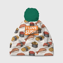Шапка с помпоном I love sushi Я люблю суши, цвет: 3D-зеленый