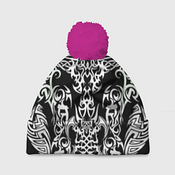 Шапка с помпоном ТАТУ ЧЕРНО БЕЛОЕ УЗОР, цвет: 3D-малиновый
