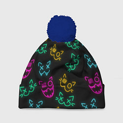 Шапка с помпоном НЕОНОВЫЕ КОТИКИ NEON FACES CATS, цвет: 3D-тёмно-синий