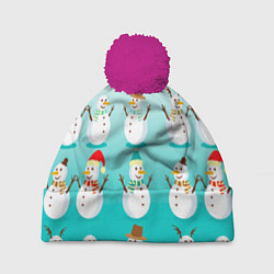 Шапка с помпоном Веселые снеговички узор, цвет: 3D-малиновый