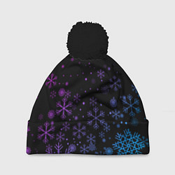 Шапка с помпоном Новогодние снежинки Градиент, цвет: 3D-черный
