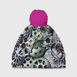 Шапка с помпоном Стимпанк шестеренки Steampunk, цвет: 3D-малиновый