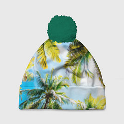 Шапка с помпоном Пальмы под солнцем, цвет: 3D-зеленый