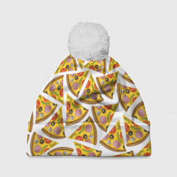 Шапка с помпоном Кусочки вкусной пиццы, цвет: 3D-белый