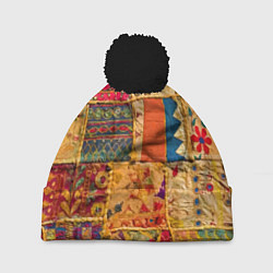 Шапка с помпоном Пэчворк Лоскутное одеяло Patchwork Quilt, цвет: 3D-черный