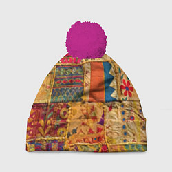 Шапка с помпоном Пэчворк Лоскутное одеяло Patchwork Quilt, цвет: 3D-малиновый