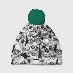Шапка с помпоном Чёрно белые черепа и маки, цвет: 3D-зеленый