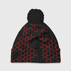Шапка с помпоном НАНОКОСТЮМ Black and Red Hexagon Гексагоны, цвет: 3D-черный