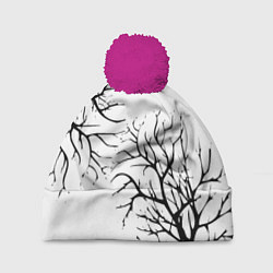 Шапка с помпоном Черные ветки деревьев на белом фоне, цвет: 3D-малиновый