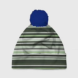Шапка с помпоном Горизонтальные зеленые белые полосы, цвет: 3D-тёмно-синий